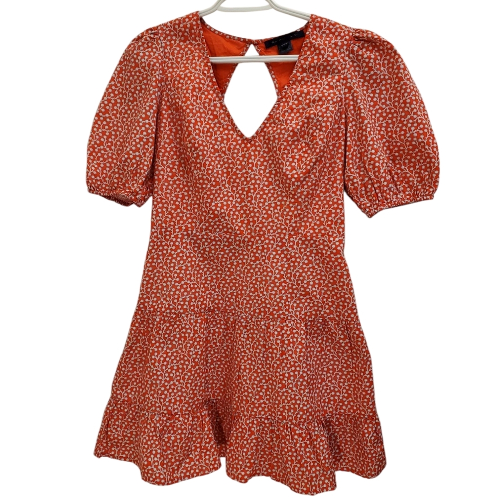 French Connection Dress Floral Print Puff Sleeve V Neck Cut Out Women's Size M